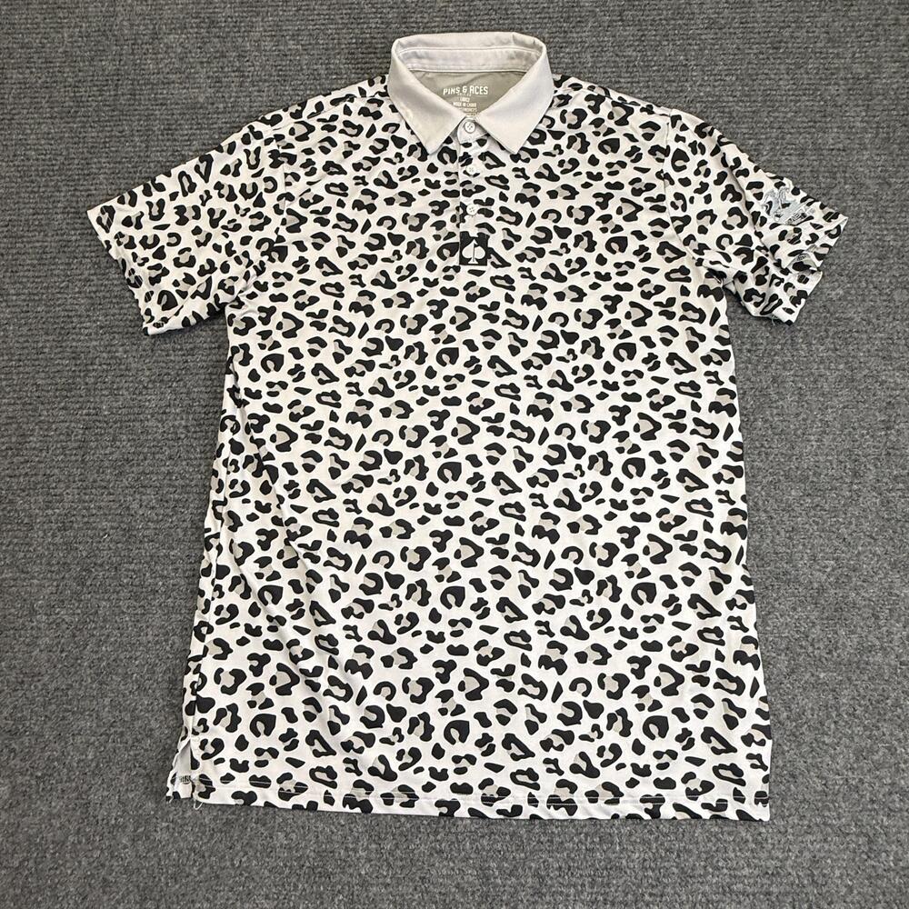 Pins & Aces Polo Shirt Mens Large White Leopard Print Golf Performance